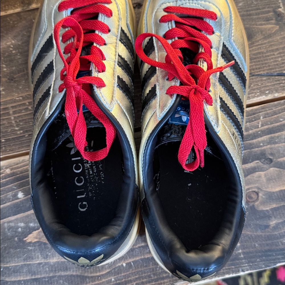 Adidas x Gucci Mens Gazelle Metallic Gold Sneakers with Red Laces - Picture 6 of 14